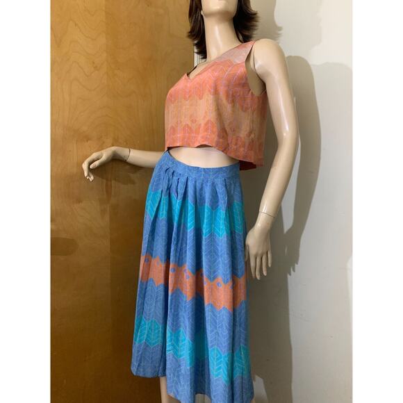 MORGAN CARPER Anthropologie Blue Multi 100% Silk Pleated SERI Midi Skirt SMALL - Picture 2 of 15